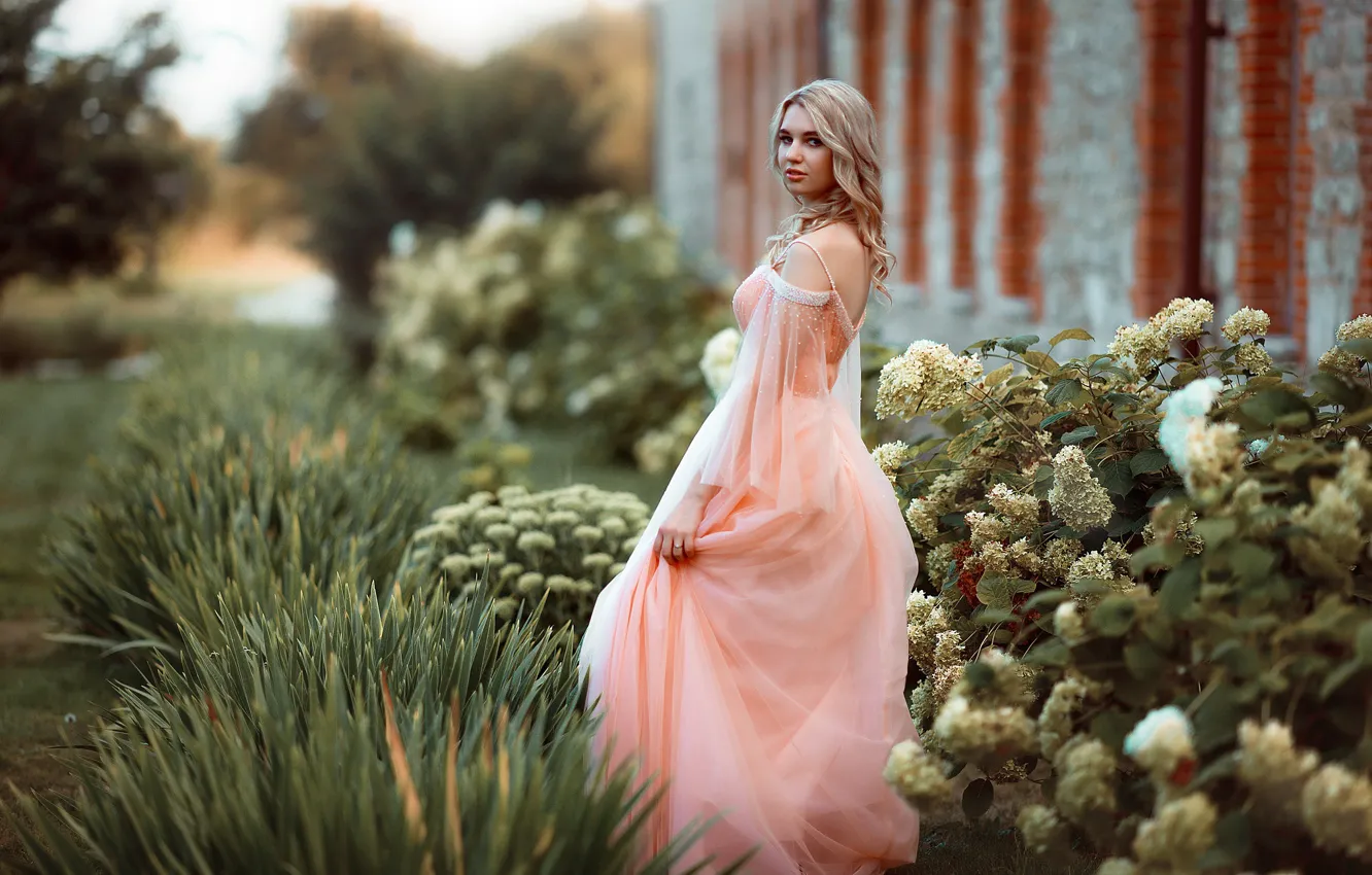 Photo wallpaper look, girl, flowers, nature, Park, vegetation, dress, blonde