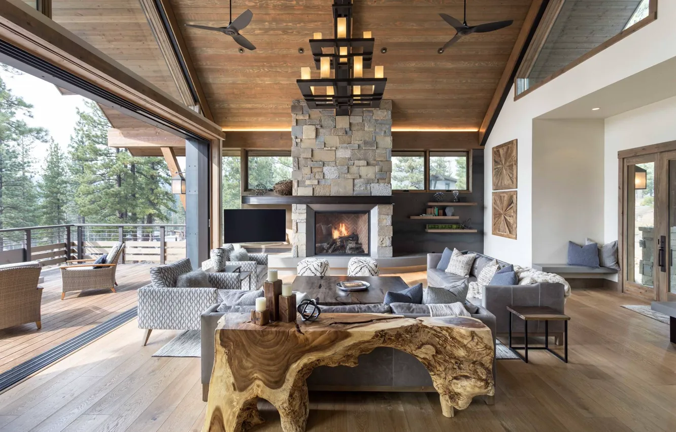 Photo wallpaper Villa, interior, fireplace, terrace, living room, Modern Lodge