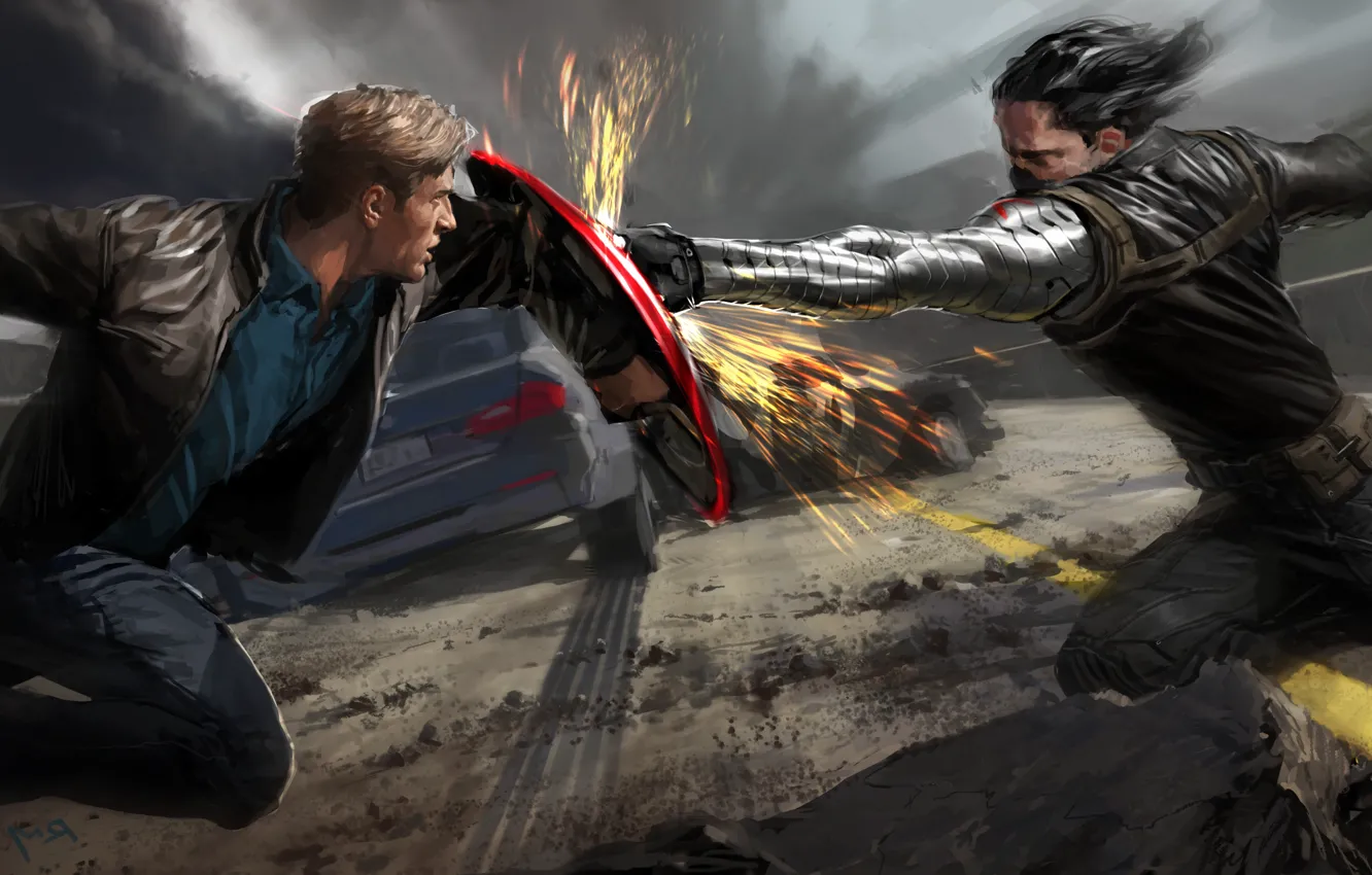 Photo wallpaper battle, art, sparks, blow, battle, shield, comic, Captain America