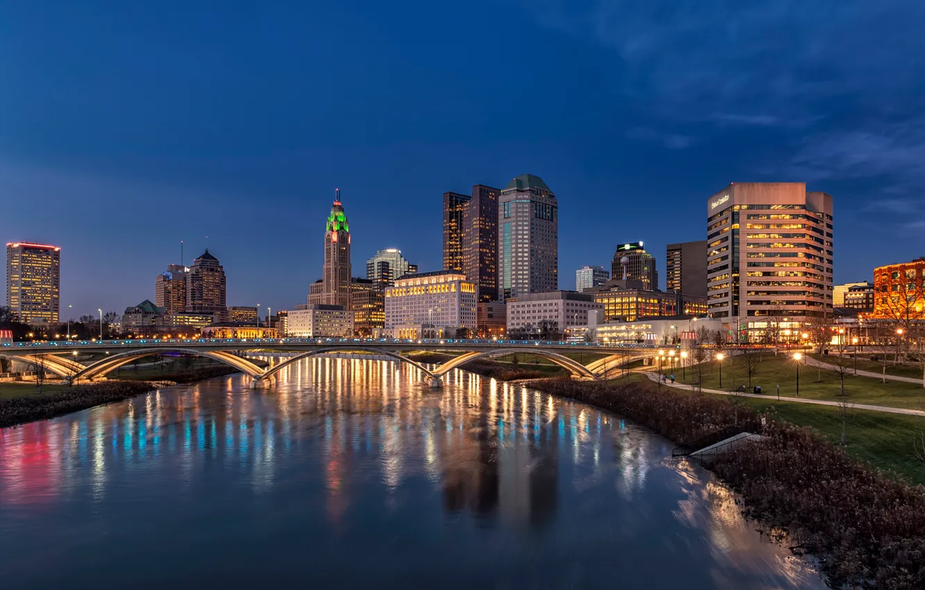 Photo wallpaper the sky, bridge, lights, river, building, home, the evening, lights