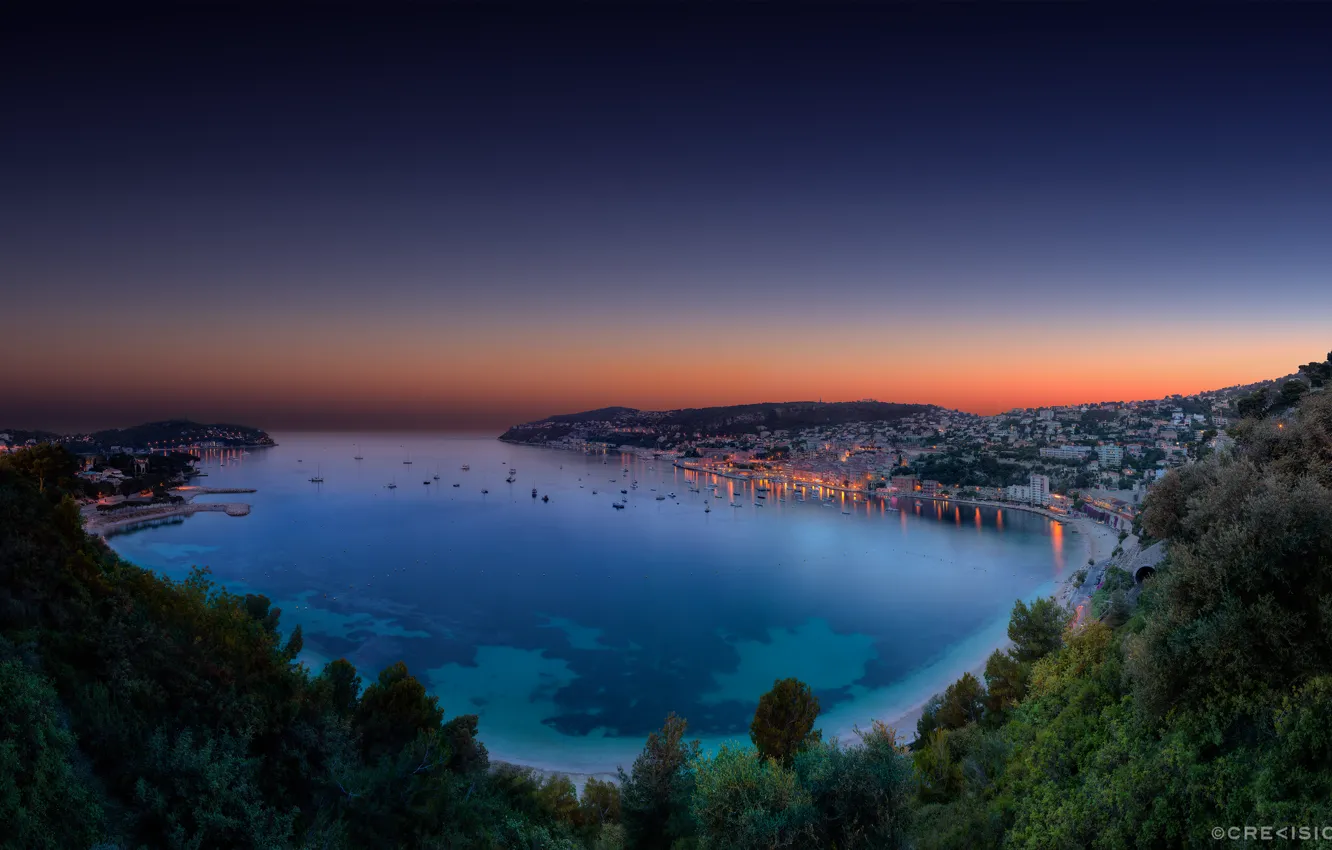 Photo wallpaper sunset, Bay, the evening, Bay, twilight, Monaco, panorama, French Riviera