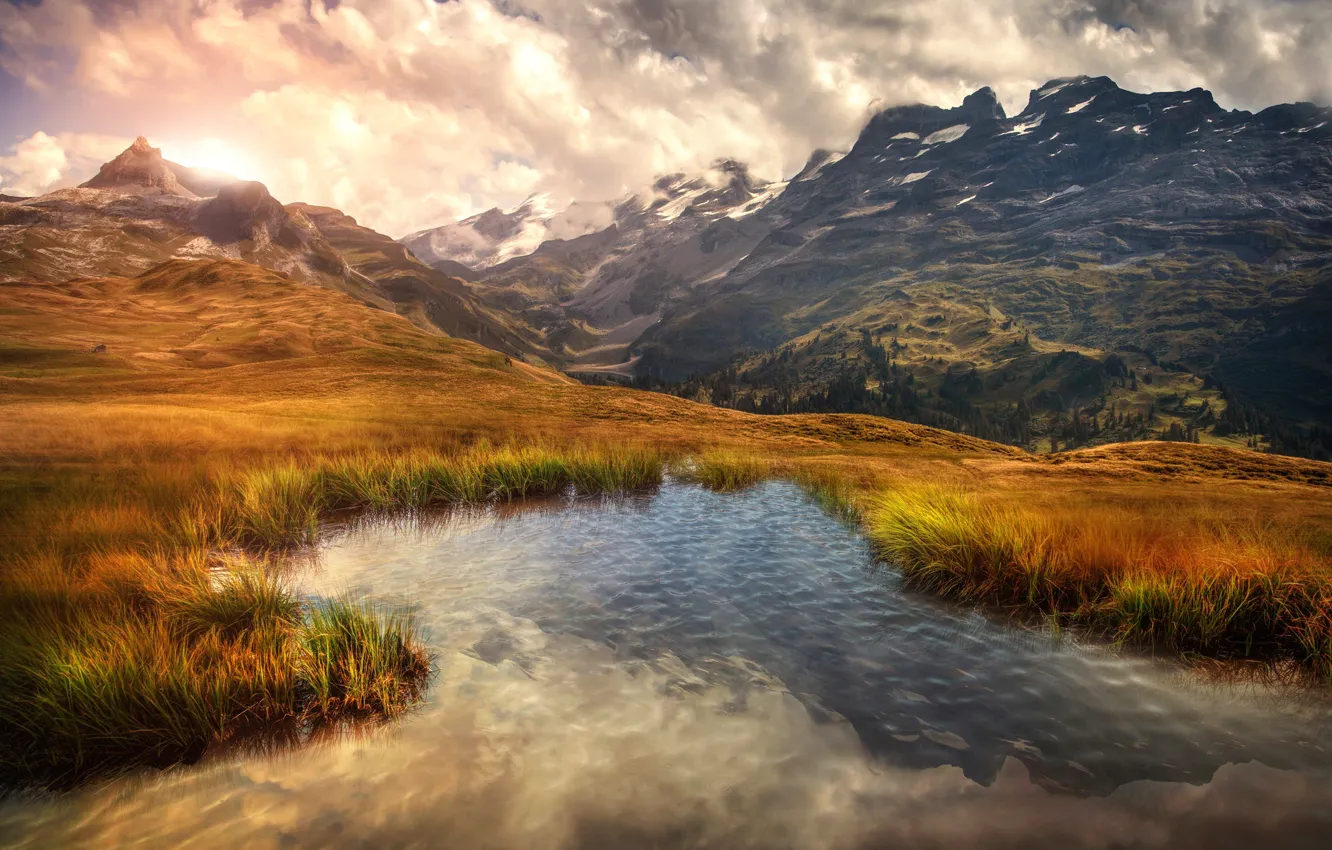 Photo wallpaper water, clouds, mountains, treatment, after the rain