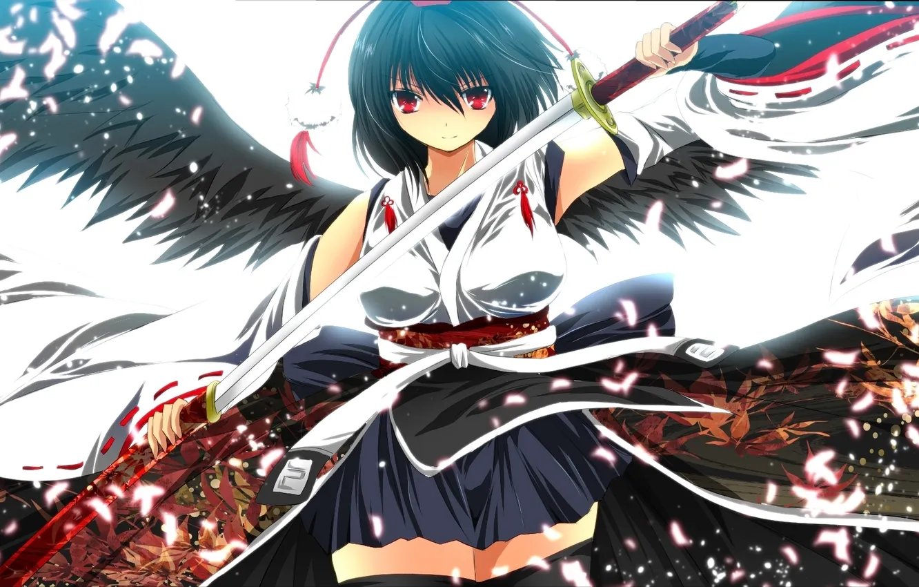 Photo wallpaper girl, weapons, wings, katana, petals, art, touhou, shameimaru aya