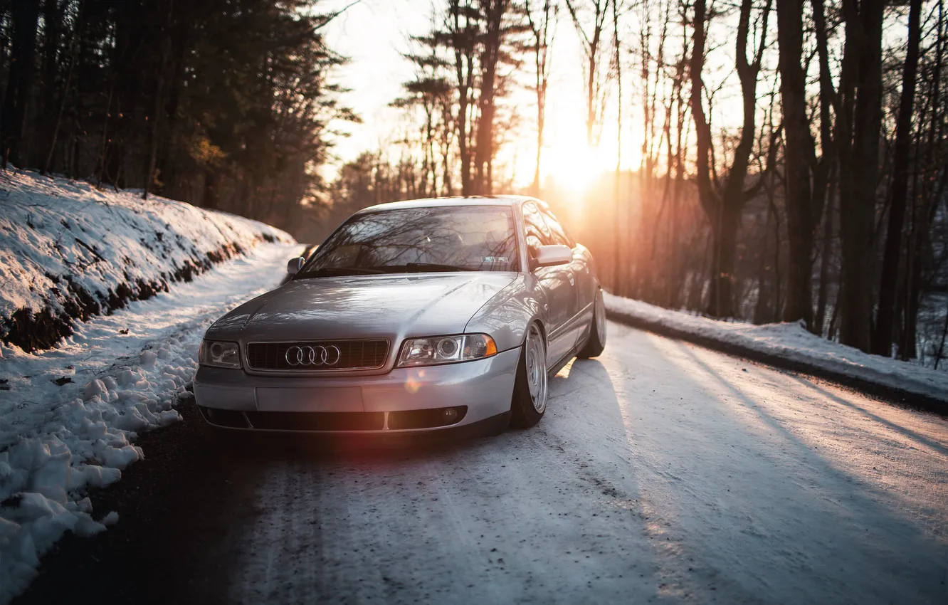 Photo wallpaper forest, snow, sunset, Audi, Audi, stance, Doroga