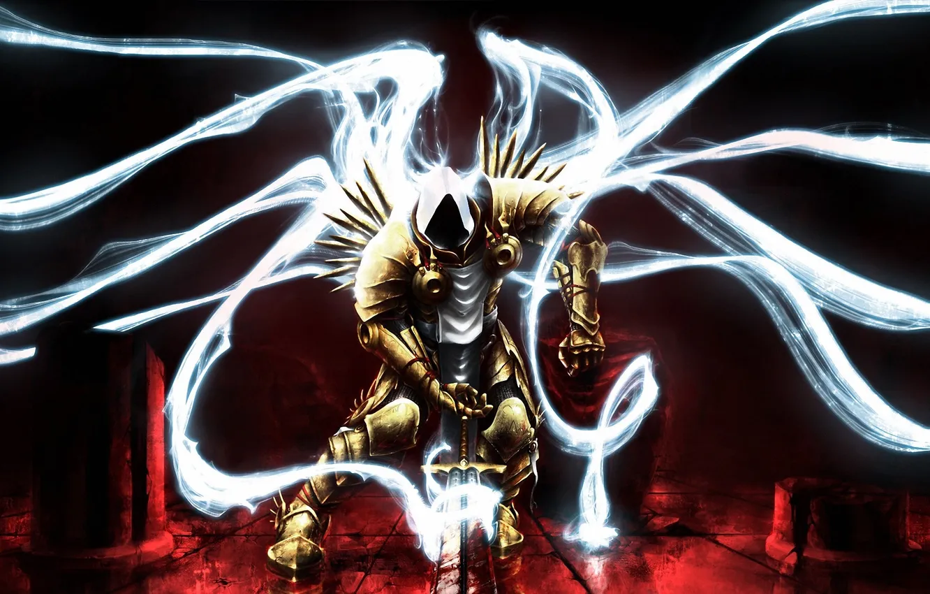 Photo wallpaper light, wings, sword, hood, diablo, fan art, lll