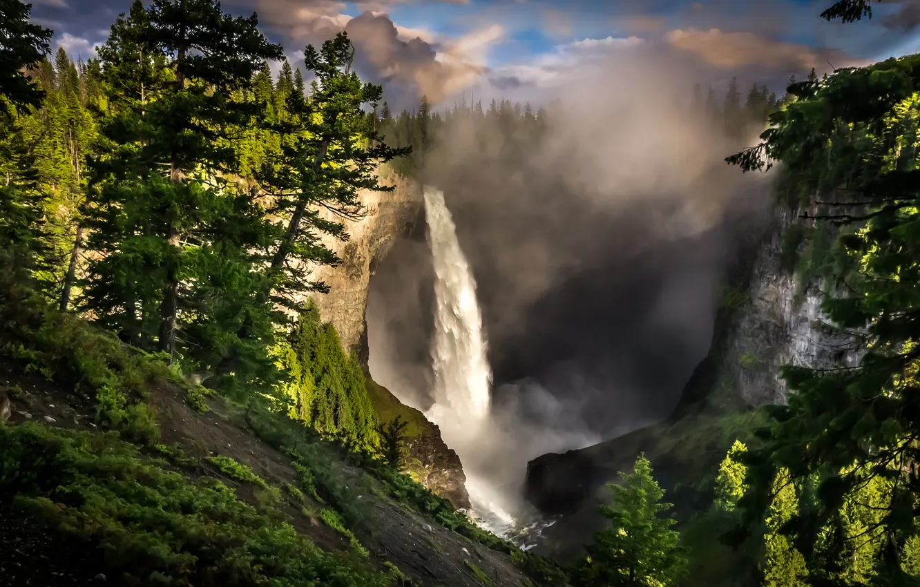 Photo wallpaper clouds, trees, mountains, open, hills, waterfall, spruce, haze