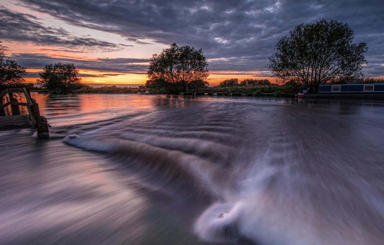 Photo wallpaper clouds, sunset, river, stream
