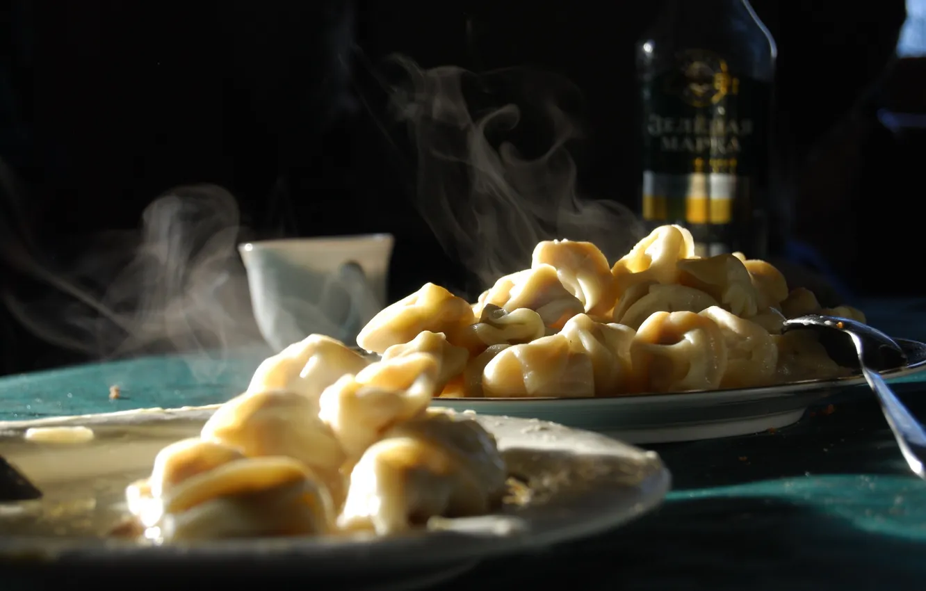 Photo wallpaper tea, tale, spoon, vodka, forest, dumplings