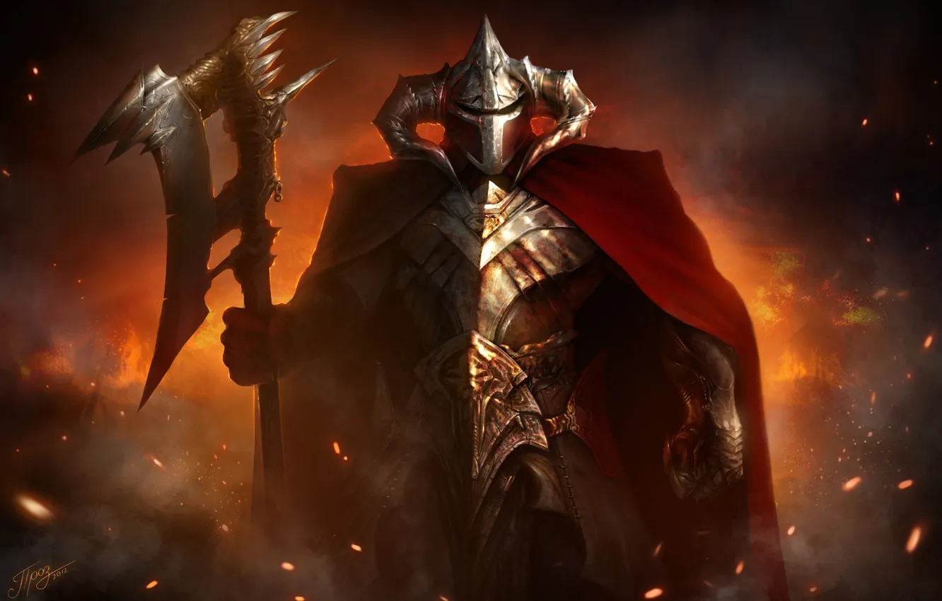 Photo wallpaper flame, armor, warrior, sparks, axe