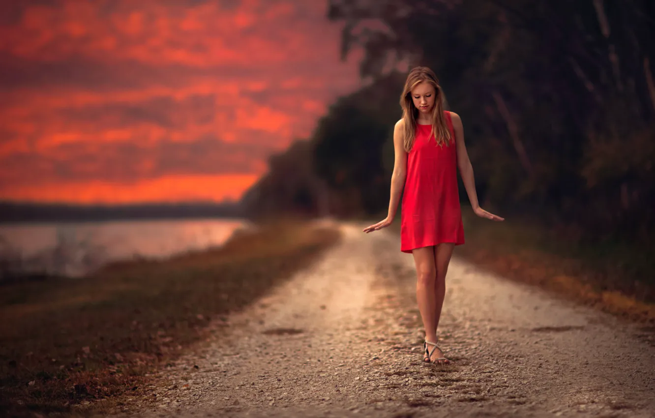 Photo wallpaper road, girl, sunset, sweetheart, dress, the beauty, gait