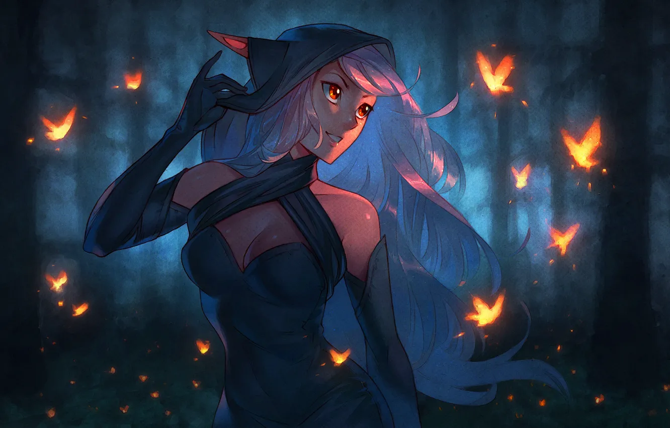 Photo wallpaper forest, chest, girl, night, elf, spirit, dress, art