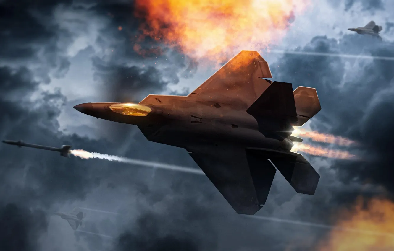 Photo wallpaper Flight, F22, Raptor, Airplane, Bomber, Rocket