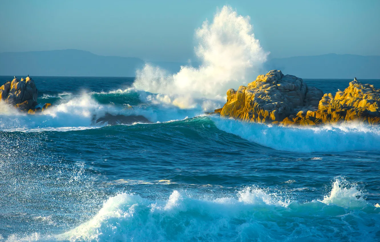 Photo wallpaper sea, wave, mountains, squirt, storm, stones, rocks