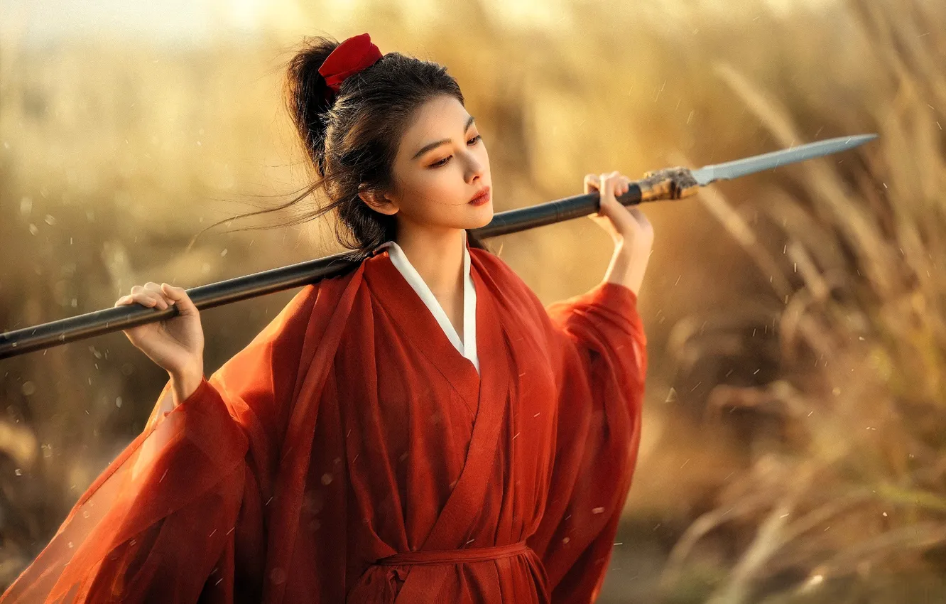 Photo wallpaper field, girl, outfit, China, spear, drama, Guardians of the Dafeng