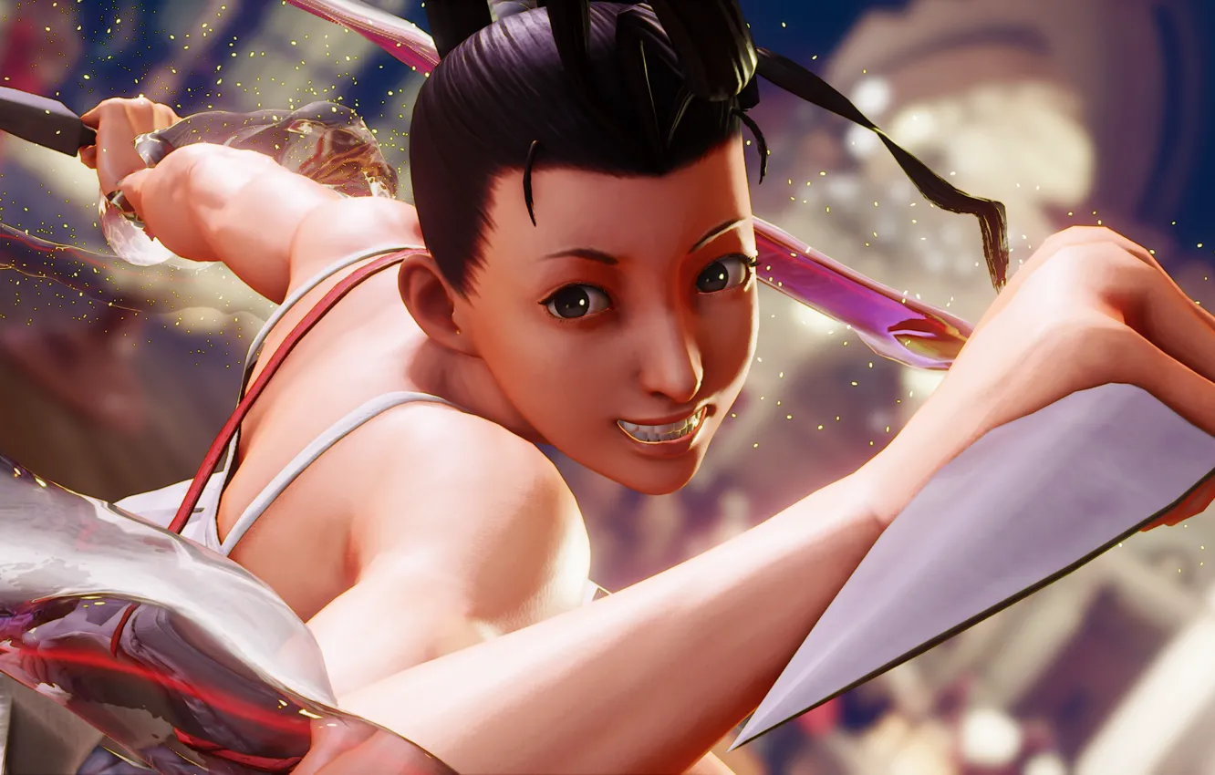 Photo wallpaper girl, face, smile, knife, fighter, Street Fighter, Ibuki