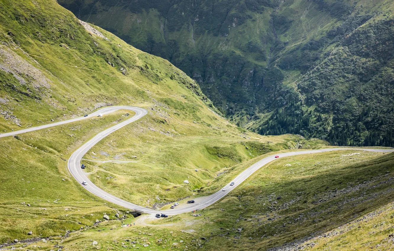 Photo wallpaper road, machine, hills, people