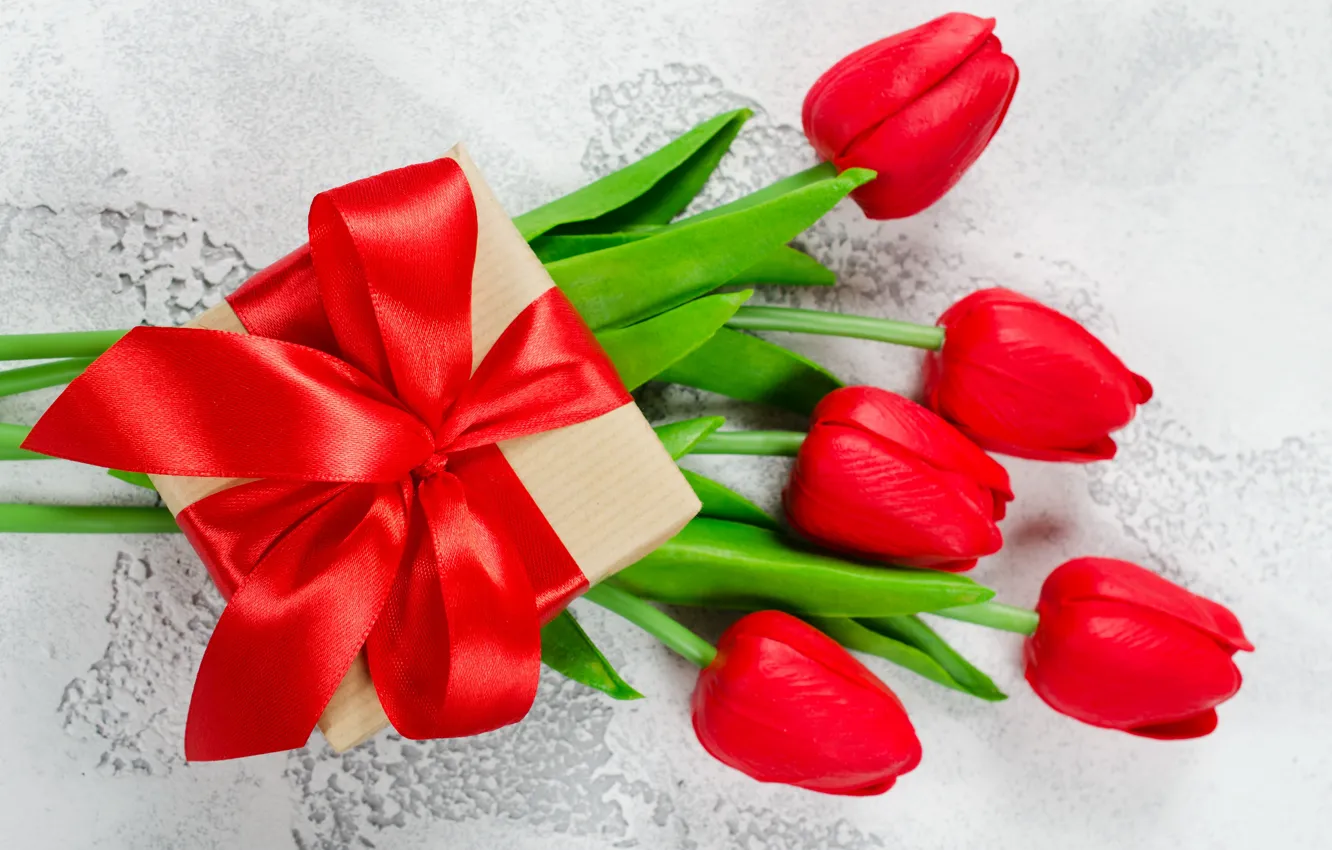 Photo wallpaper love, flowers, red, gift, bouquet, tape, hearts, tulips