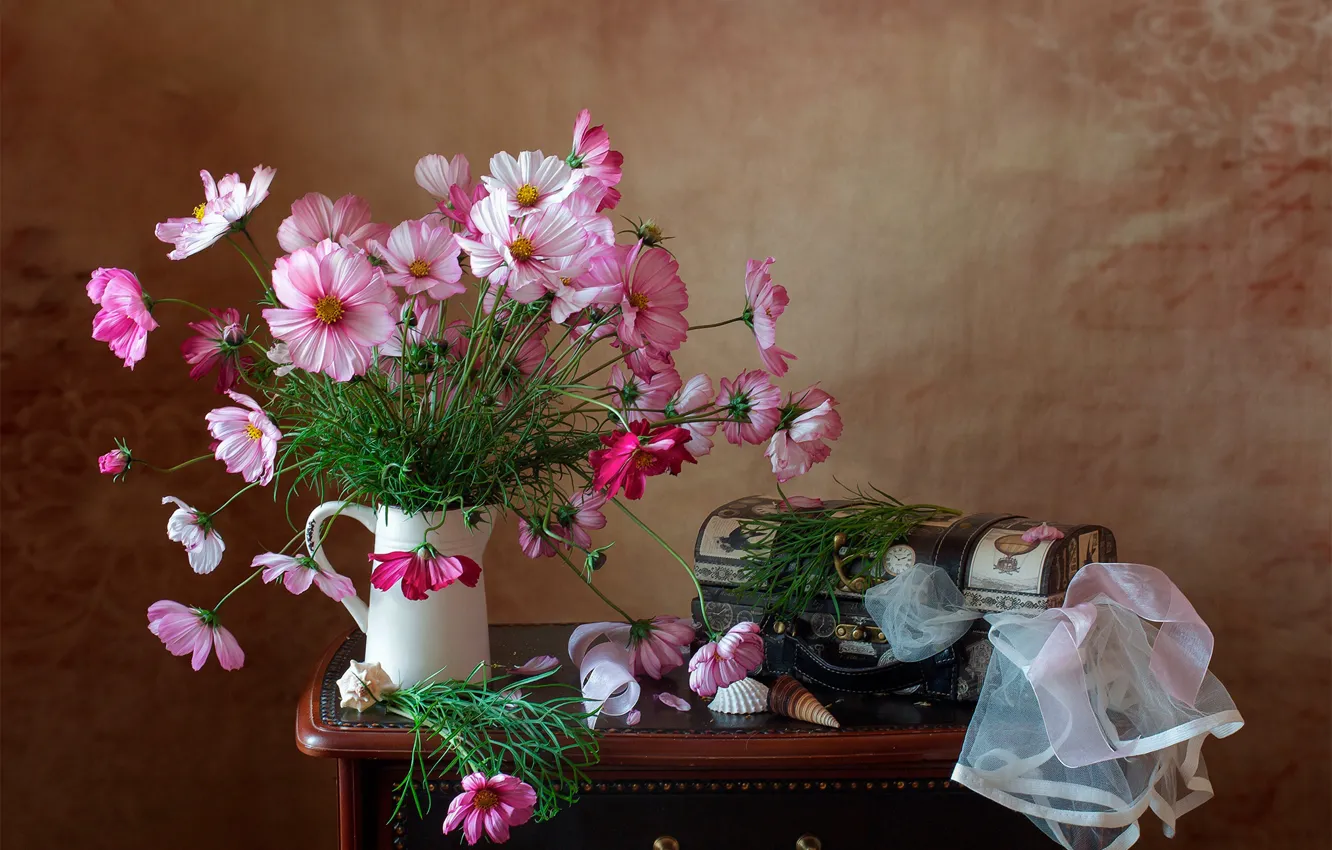 Photo wallpaper flowers, fabric, shell, pitcher, still life, kosmeya, chest, Mila Mironova
