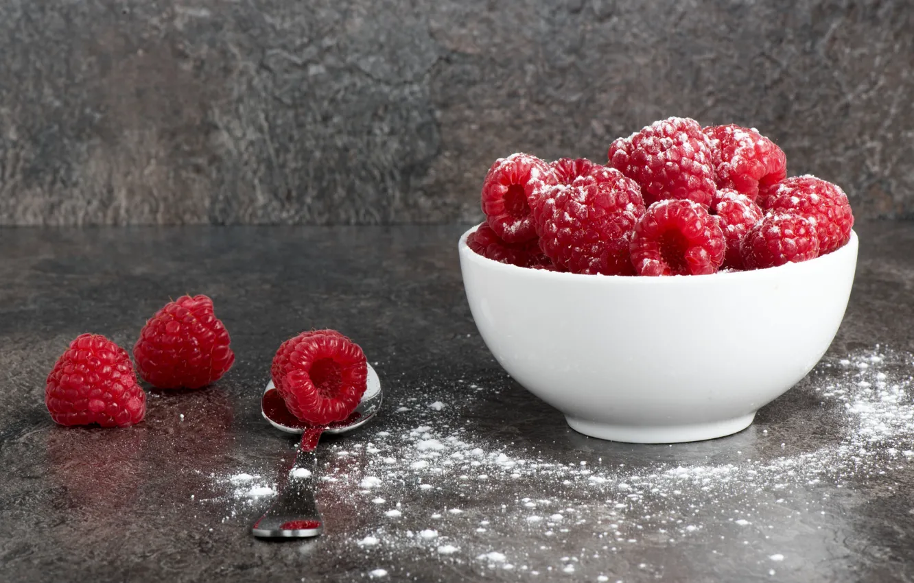 Photo wallpaper berries, raspberry, bowl, powdered sugar