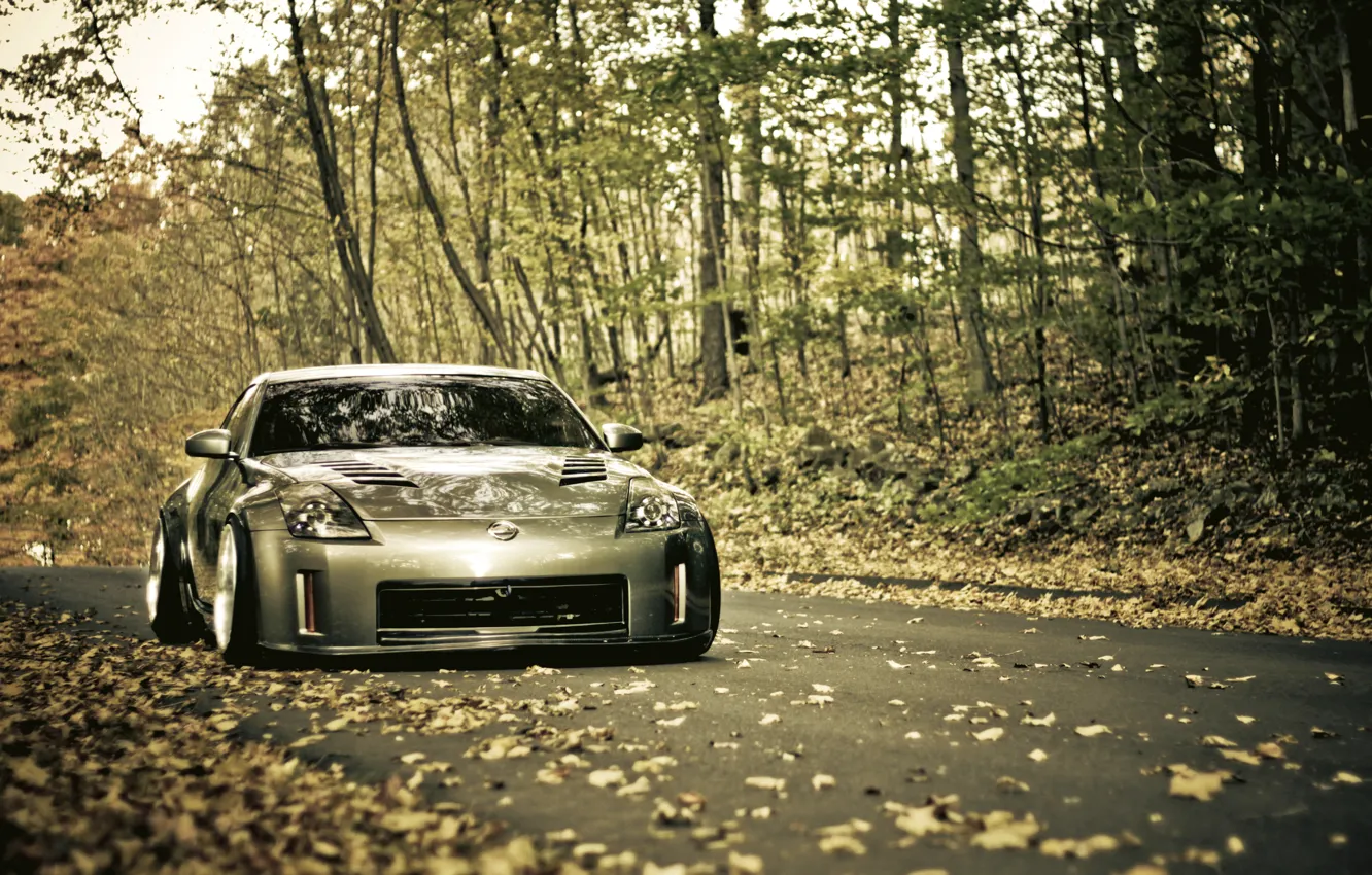 Photo wallpaper road, autumn, foliage, Nissan, 350z