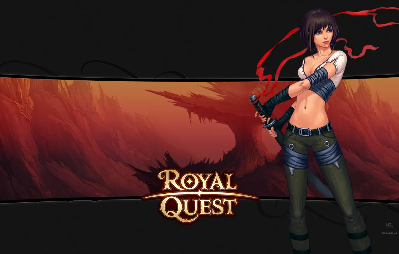 Photo wallpaper girl, sword, red background, Royal Quest, Katauri Interactive