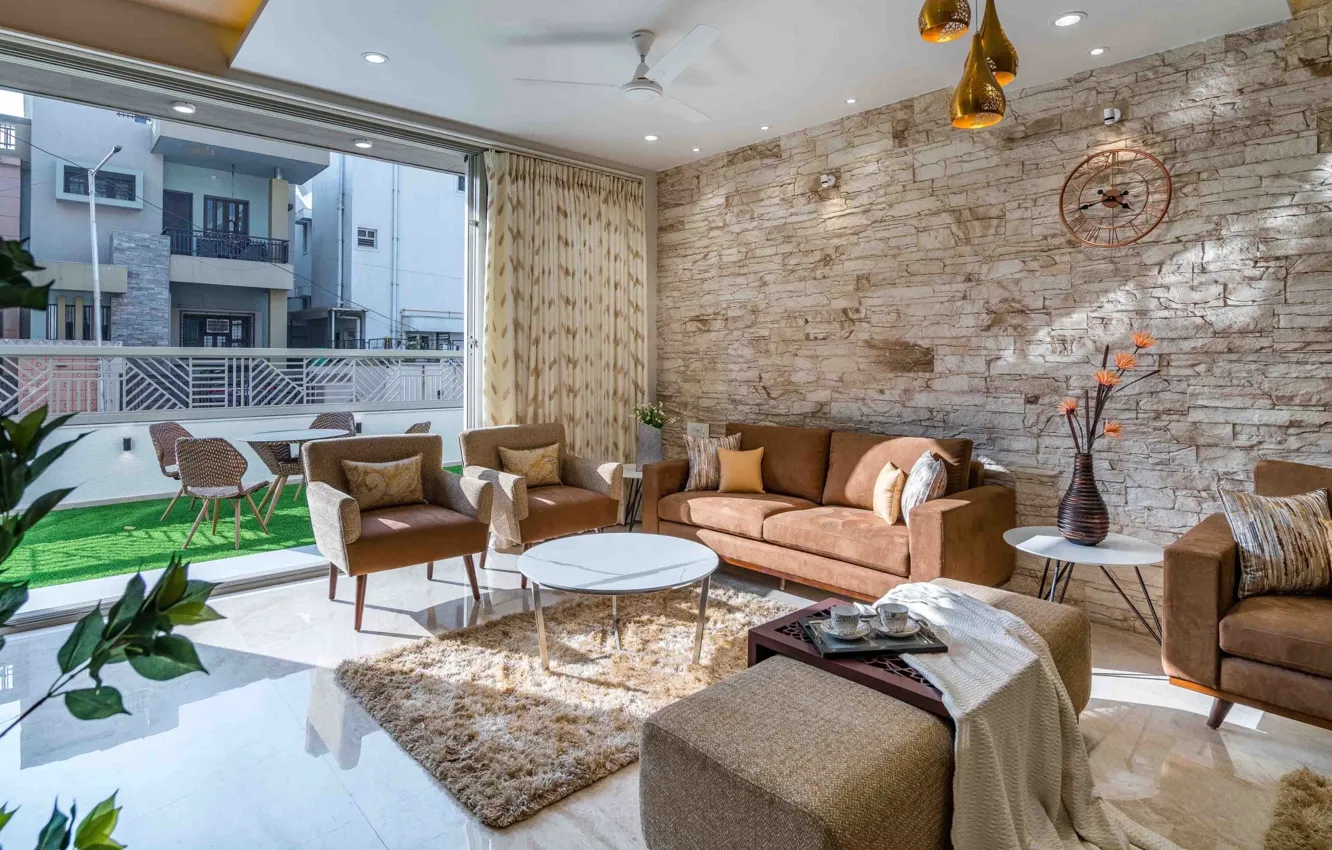 Photo wallpaper room, interior, India, living room, India, Ahmedabad, by Prashant Parmar Architect, The Shaded House