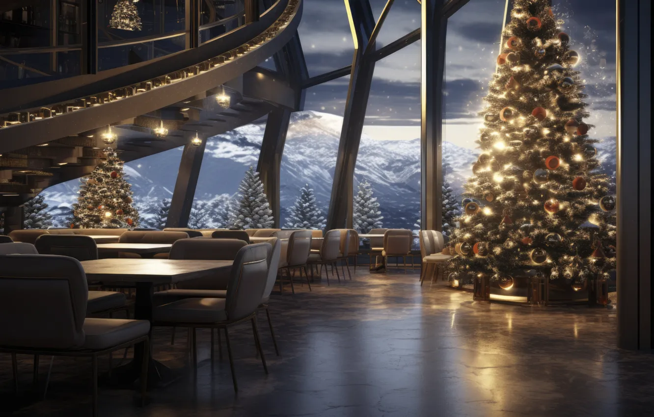 Photo wallpaper decoration, room, gift, balls, tree, new year, interior, window