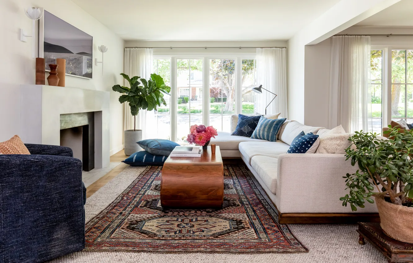 Photo wallpaper design, style, room, Villa, plant, interior, pillow, fireplace