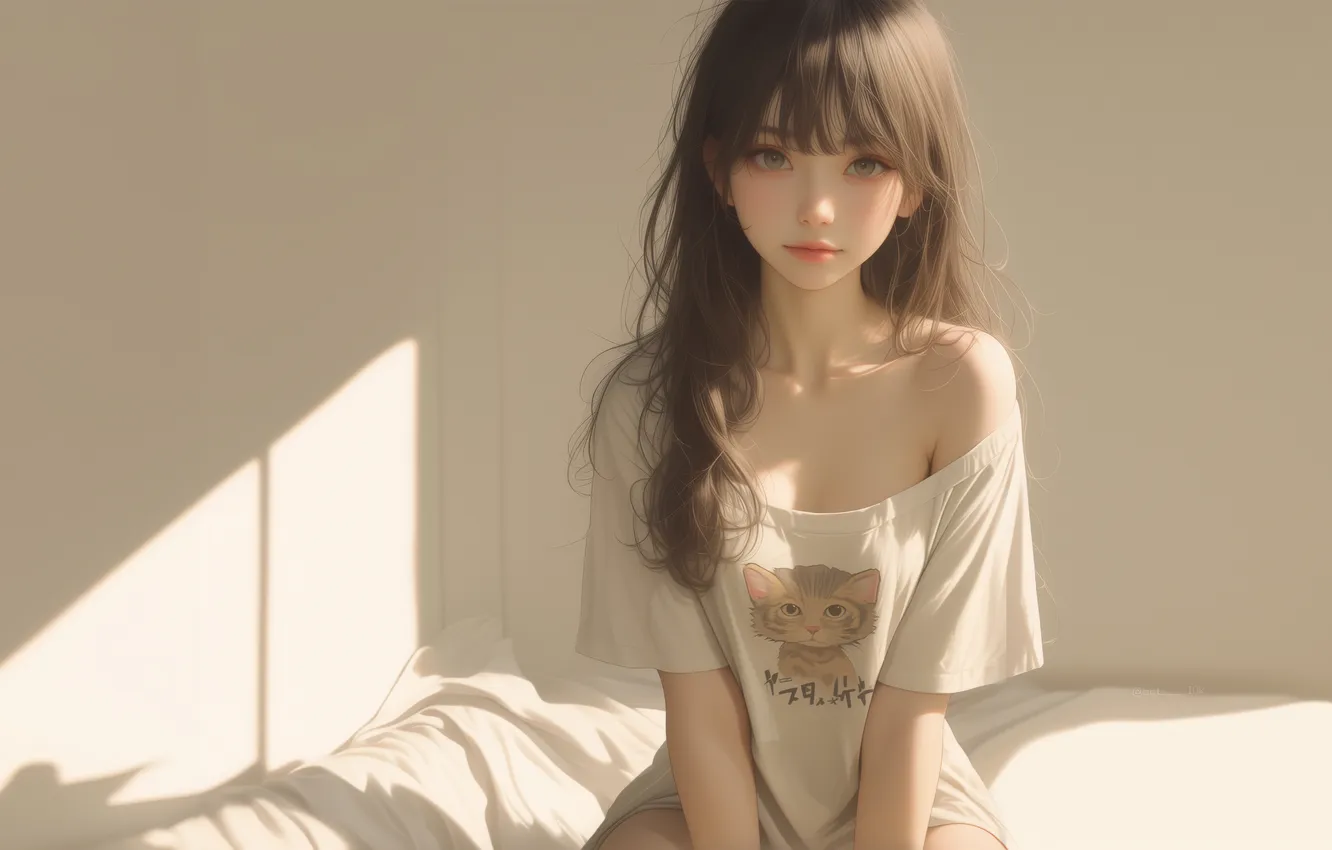 Photo wallpaper anime, women, brunette, sunlight, Illustration, AI Art, oversized T-shirt