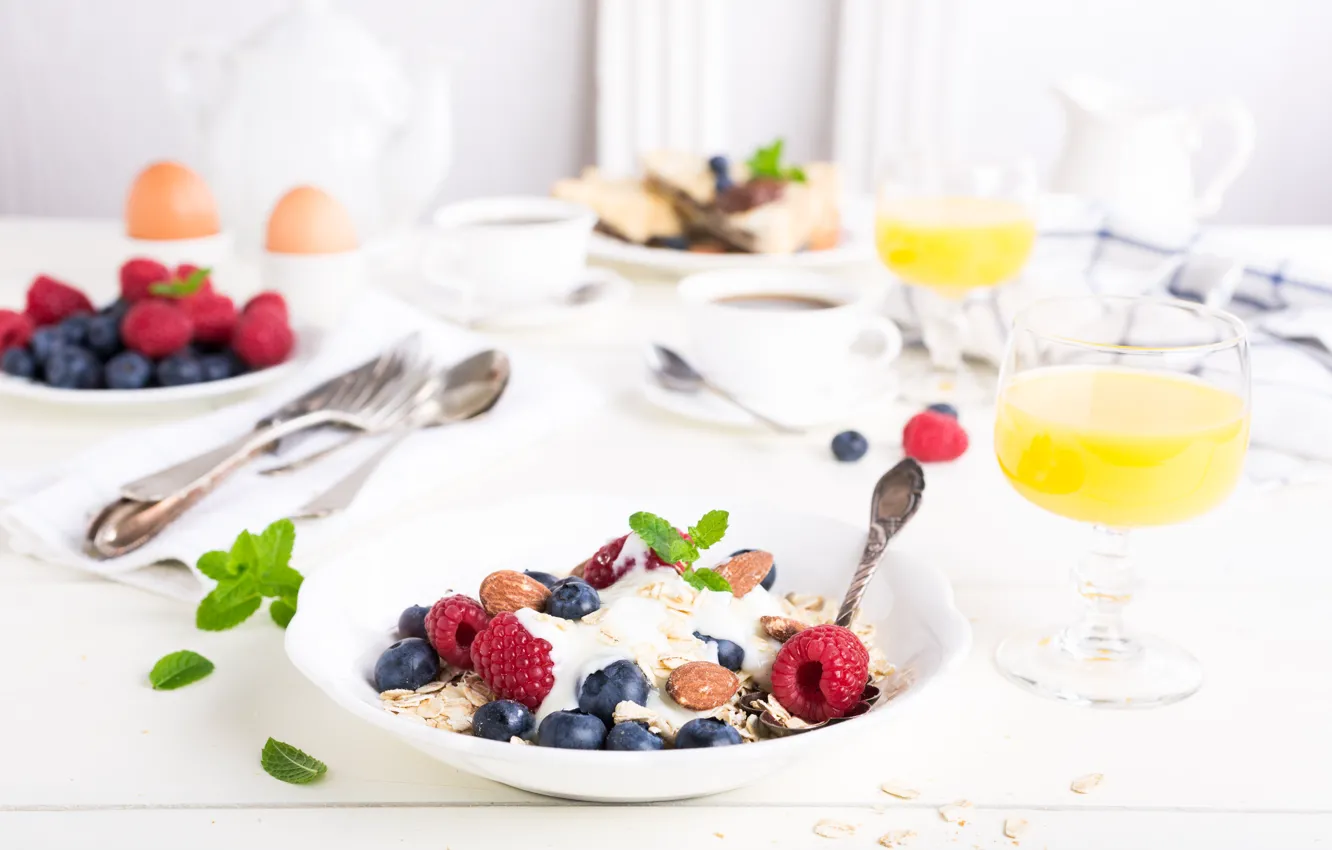 Photo wallpaper berries, coffee, Breakfast, juice, yogurt, orange, cereal, Iryna Melnyk
