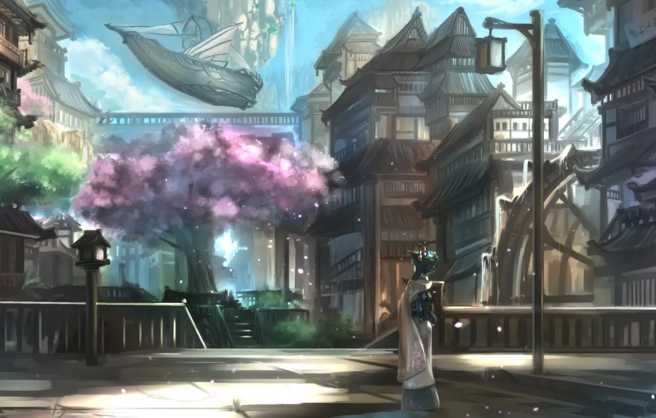 Photo wallpaper girl, the city, fiction, waterfall, Sakura, neko, ears, art