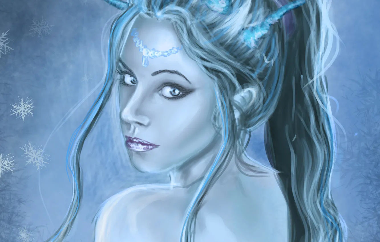 Photo wallpaper cold, ice, look, girl, snowflakes, face, back, crown