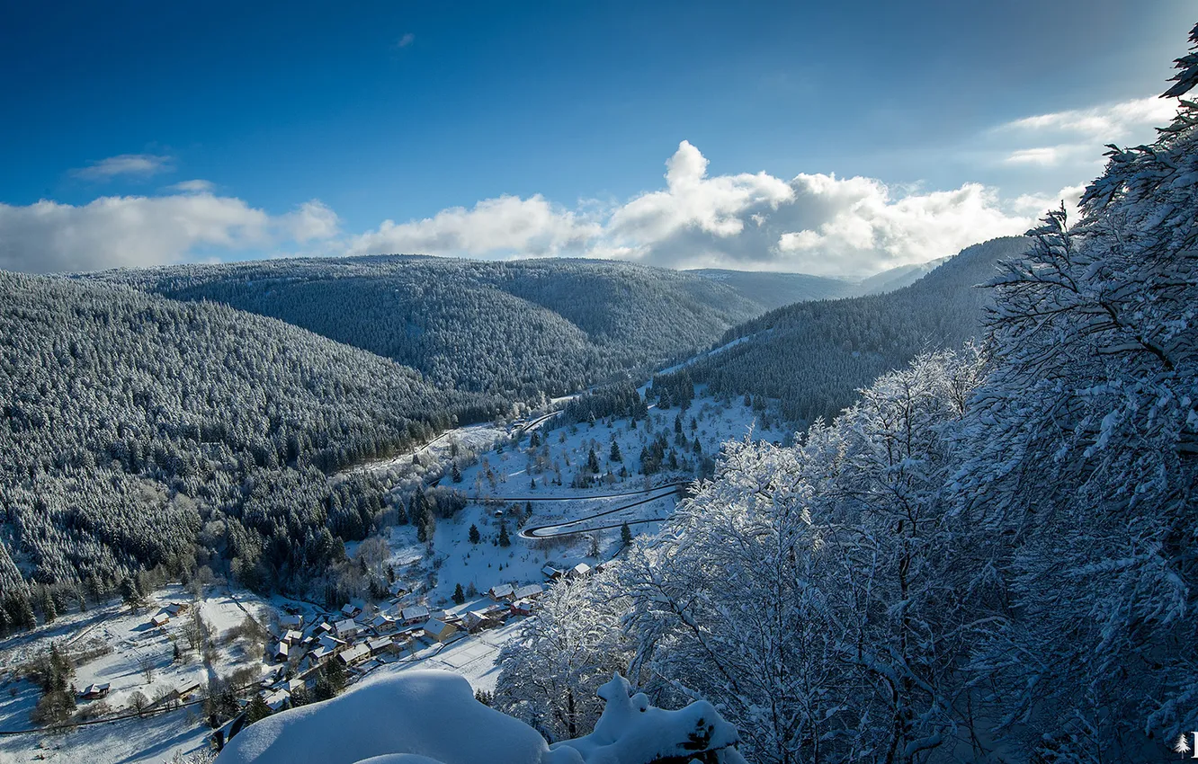 Photo wallpaper winter, mountains, clouds, snow, village