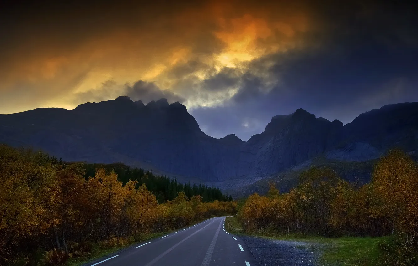 Photo wallpaper landscape, sunset, The road to Nusfjord