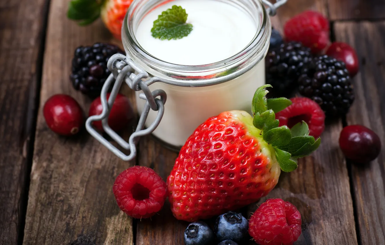 Photo wallpaper raspberry, blueberries, strawberry, mint, yogurt