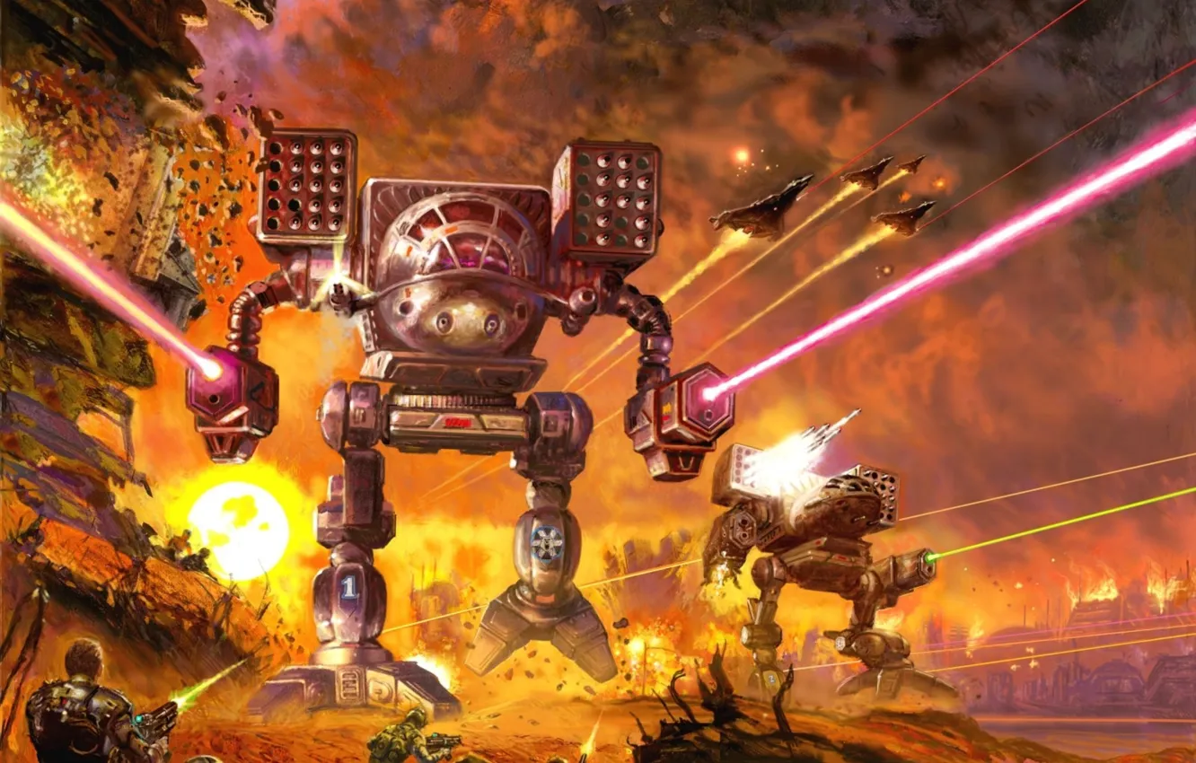 Photo wallpaper fire, robot, war, explosions, battle, battletech