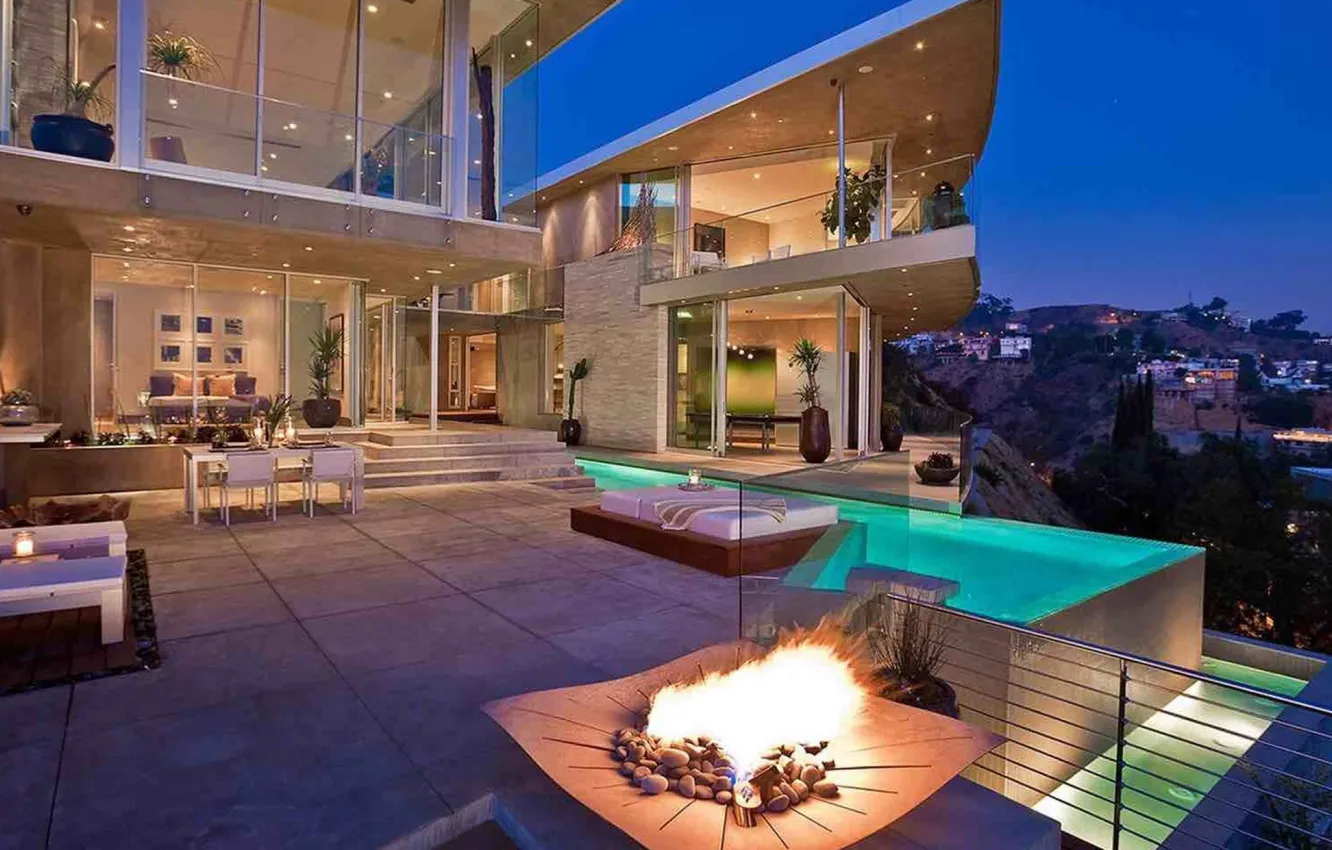 Photo wallpaper Villa, the evening, pool, lighting, architecture, Los Angeles, Los Angeles, California