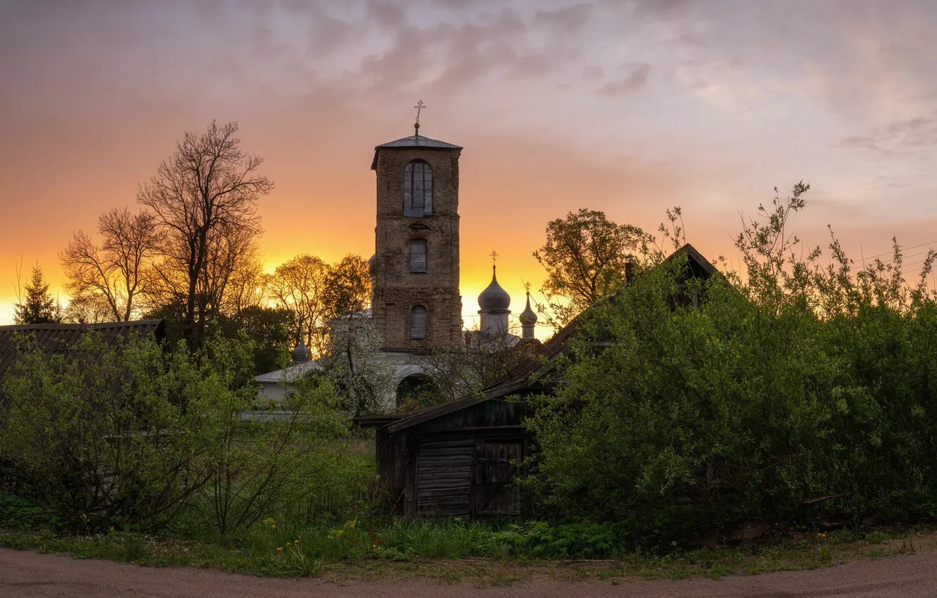 Photo wallpaper road, summer, the sky, clouds, trees, sunset, branches, tower