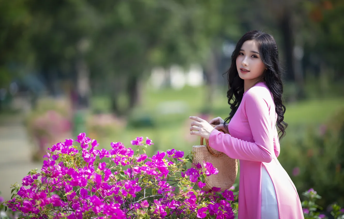 Photo wallpaper girl, nature, dress, Asian, bougainvillea