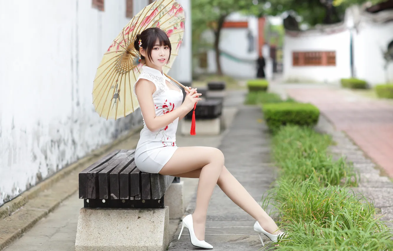Photo wallpaper girl, umbrella, sweetheart, dress, legs, Asian