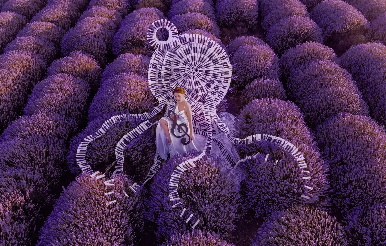 Photo wallpaper summer, girl, nature, style, music, keys, white dress, lavender