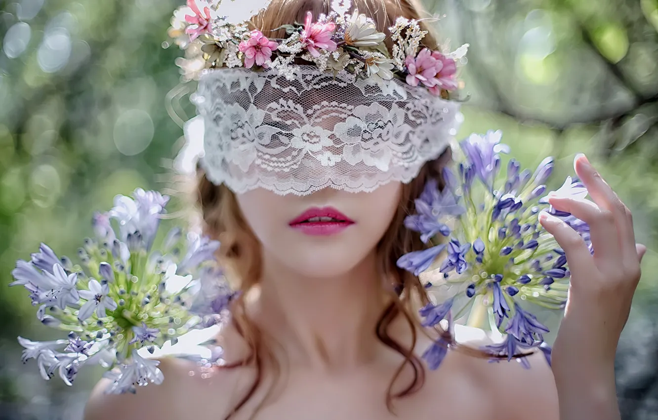 Photo wallpaper girl, flowers, veil