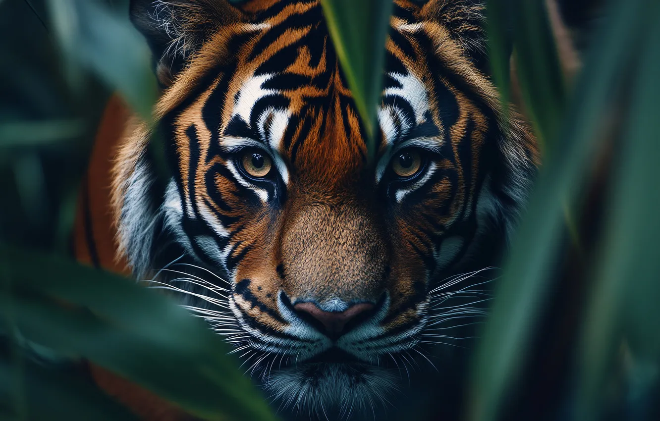 Photo wallpaper look, face, leaves, tiger, the dark background, portrait, AI art, neural network