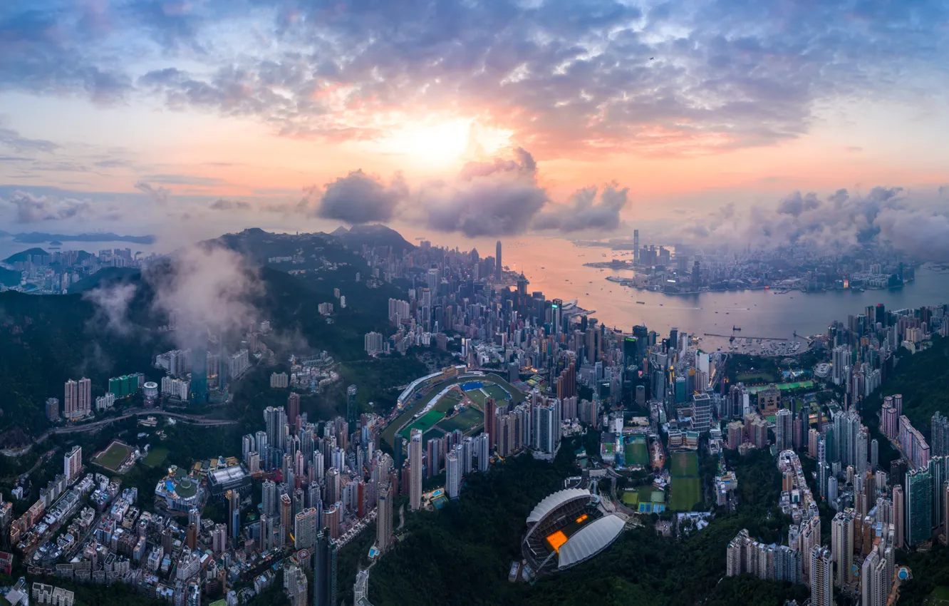 Photo wallpaper the sun, clouds, the city, home, panorama, Bay, China, the view from the top