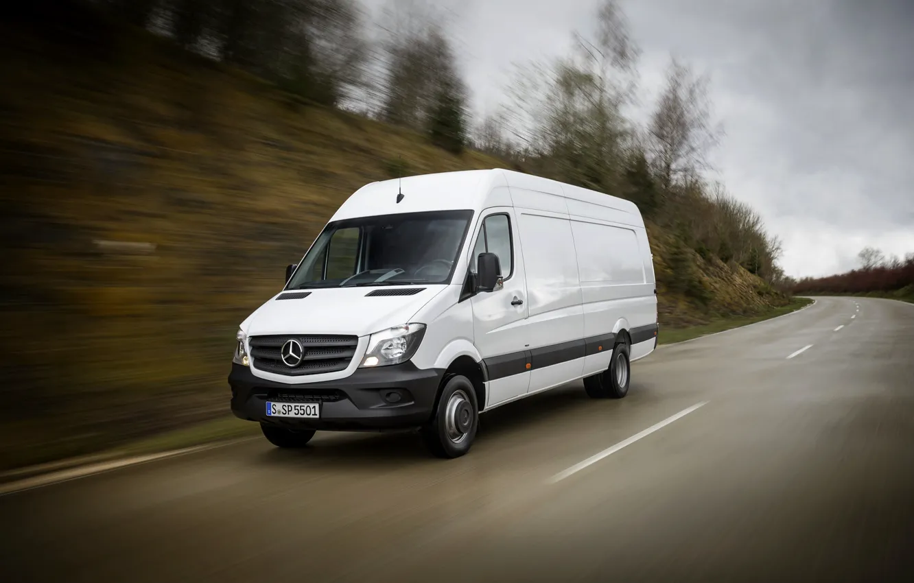 Photo wallpaper road, white, Mercedes-Benz, speed, van, Sprinter, 2016