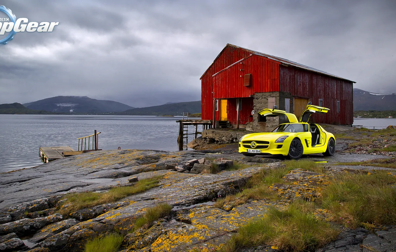 Photo wallpaper the sky, landscape, mountains, yellow, lake, stones, house, Mercedes