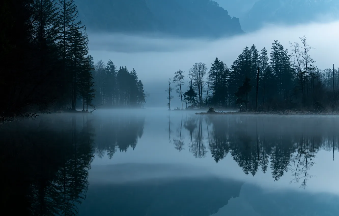 Photo wallpaper dark, river, trees, landscape, nature, water, mountains, reflection