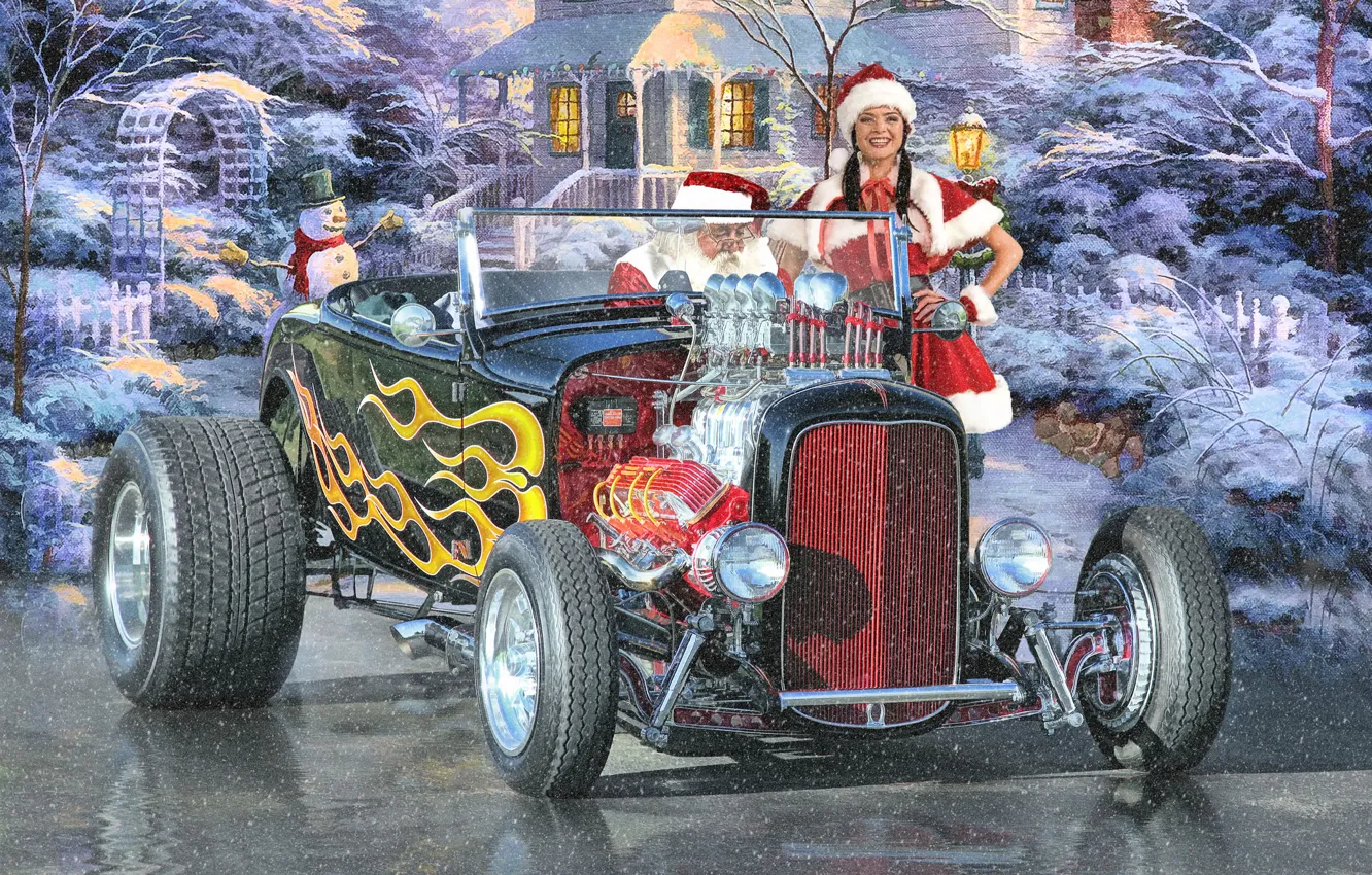 Photo wallpaper winter, holiday, New Year, maiden, Santa Claus, hot-rod, classic car