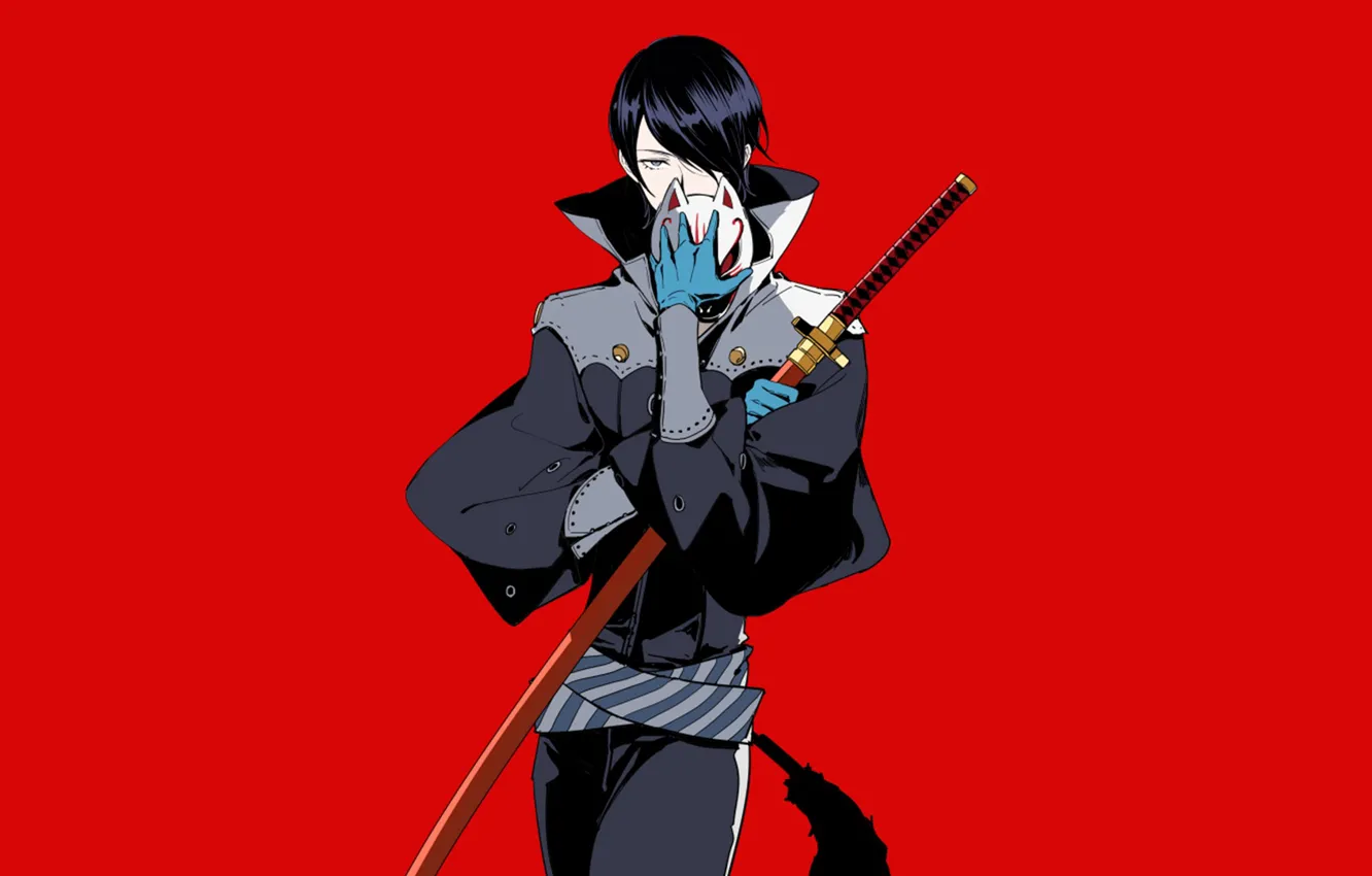 Photo wallpaper the game, sword, anime, art, guy, red background, Person 5, Persona 5
