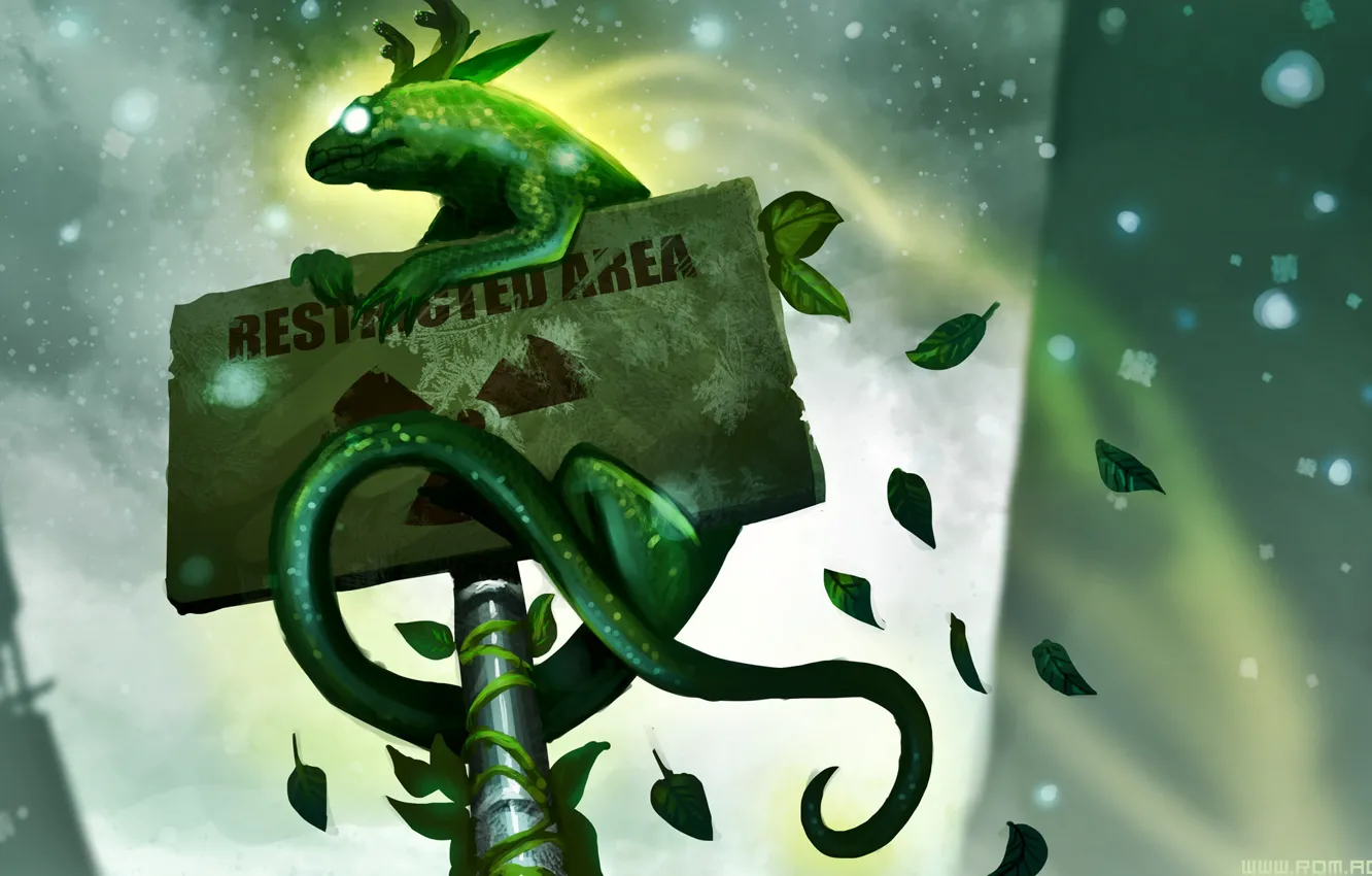 Photo wallpaper leaves, green, sign, plate, monster, being, lizard, art